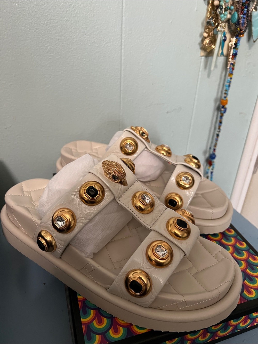 Kurt Geiger Ivory Slide Sandals with Gold Embellishments new sandals